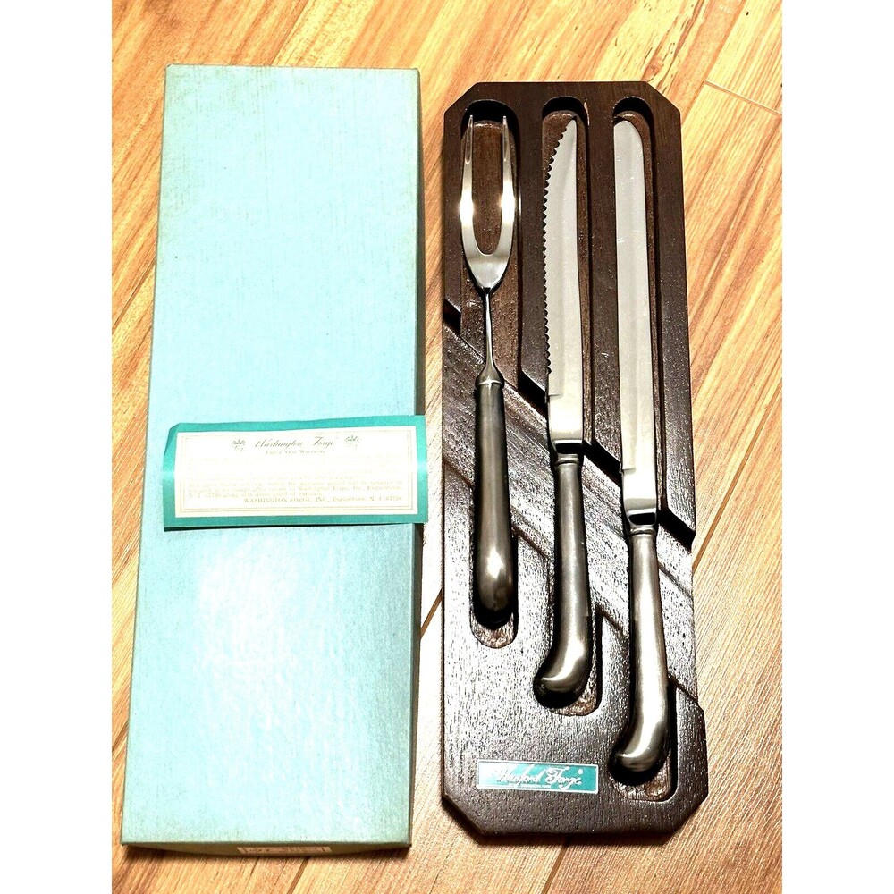 Vintage Washington Hanford Forge  3pc stainless steel Carving Set Knife & Fork